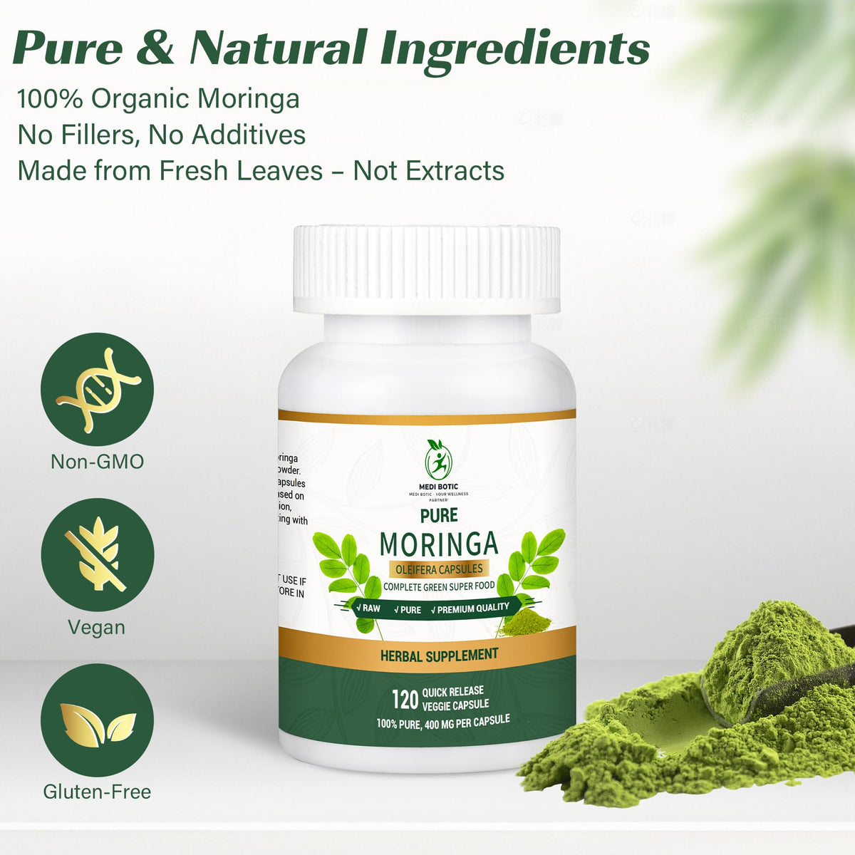 Moringa Capsules, Moringa Pure Capsules For Energy, Immune Support, Gut Health & Powerful Green Superfood, Rich In Antioxidants, Essential Vitamins & Amino Acids - Maple Wellness Supplements