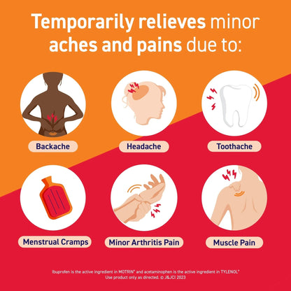 Motrin Dual Action with Tylenol, Ibuprofen & Acetaminophen Fast-Acting Dual Action Pain Reliever for Minor Aches & Pains, Ibuprofen (NSAID) 125 mg & Acetaminophen 250 mg, 120 ct - Maple Wellness Supplements