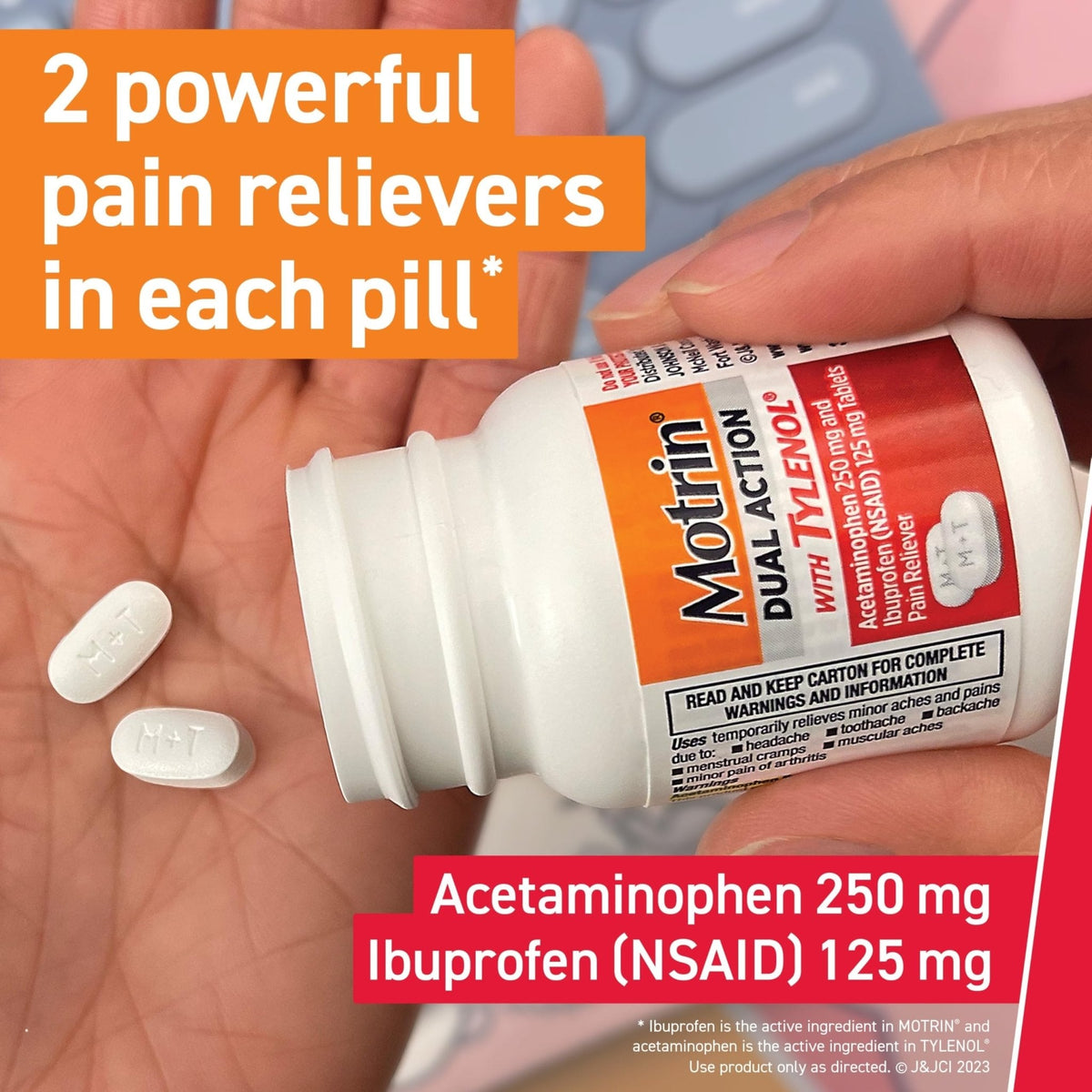 Motrin Dual Action with Tylenol, Ibuprofen & Acetaminophen Fast-Acting, Long Lasting Pain Reliever for Minor Aches & Pains, Ibuprofen (NSAID) 125 mg & Acetaminophen 250 mg, 120 ct - Maple Wellness Supplements