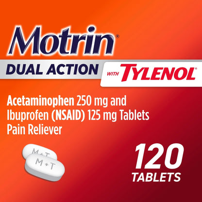 Motrin Dual Action with Tylenol, Ibuprofen & Acetaminophen Fast-Acting, Long Lasting Pain Reliever for Minor Aches & Pains, Ibuprofen (NSAID) 125 mg & Acetaminophen 250 mg, 120 ct - Maple Wellness Supplements