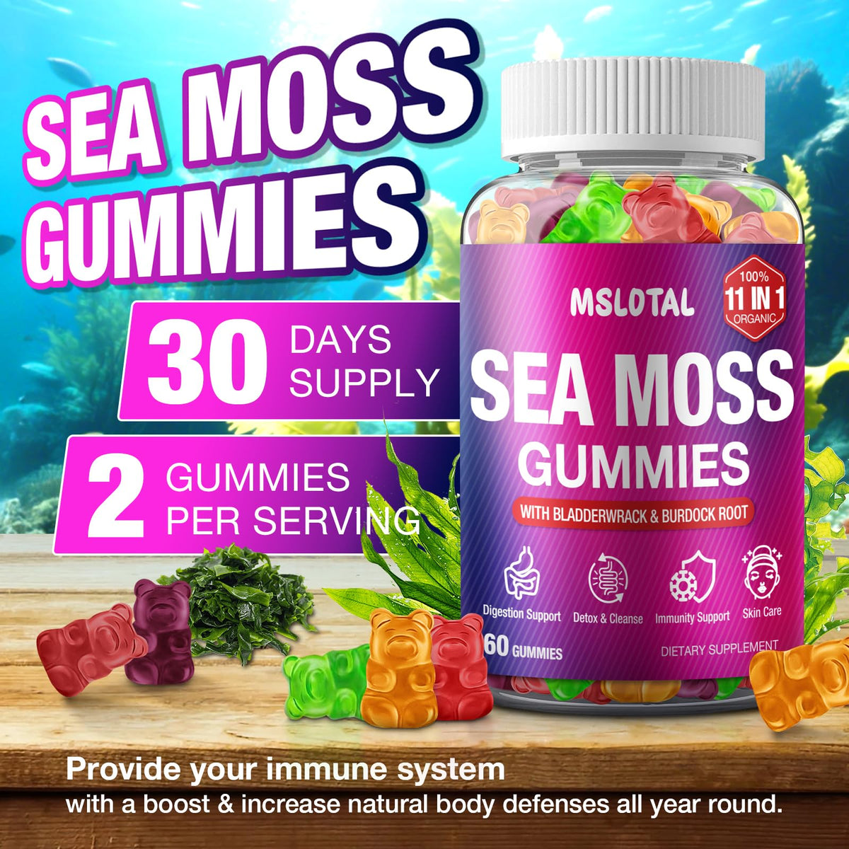 MSLOTAL Irish Sea Moss Gummies with Ashwagandha Bladderwrack and Burdock Root - Natural Irish Seamoss Supplement for Thyroid, Energy, Immune Support - 60 Vegan Gummy - Maple Wellness Supplements
