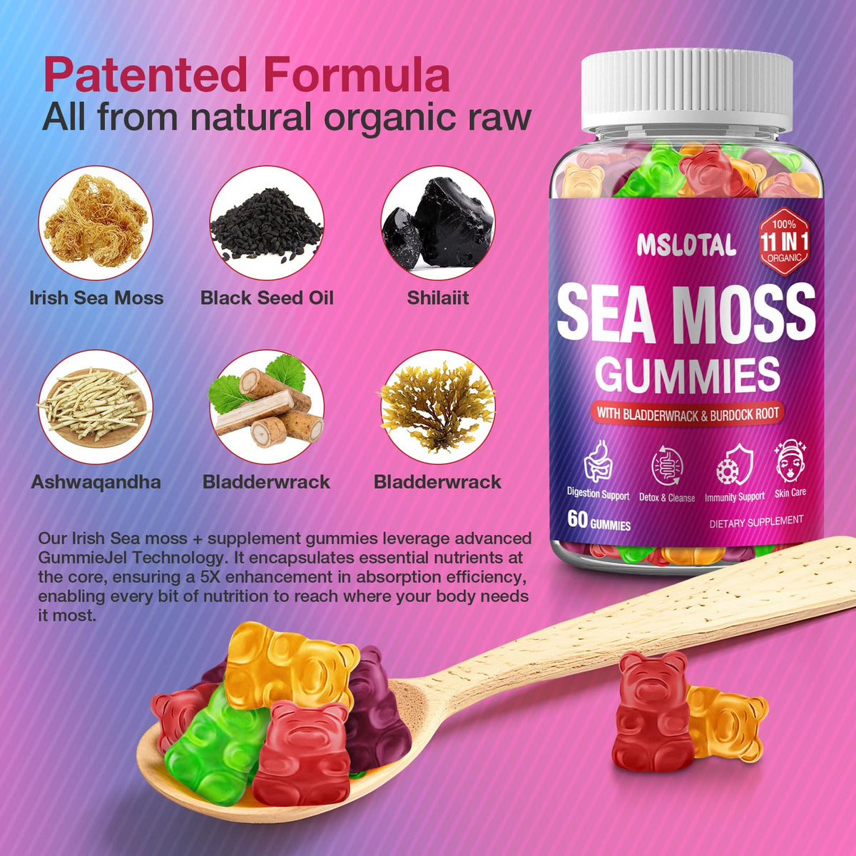 MSLOTAL Irish Sea Moss Gummies with Ashwagandha Bladderwrack and Burdock Root - Natural Irish Seamoss Supplement for Thyroid, Energy, Immune Support - 60 Vegan Gummy - Maple Wellness Supplements