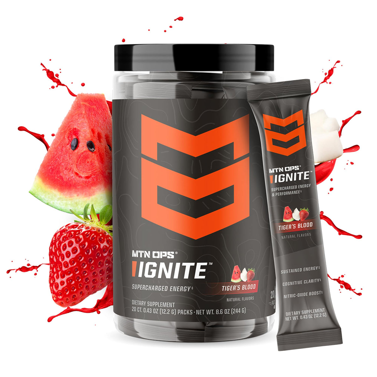 MTN OPS Ignite Trail Packs Energy Drink Powder, Gluten Free Nootropic Supplement Drink Mix, L Arginine, L Citrulline, Caffeine & Nootropic Sugar Free Drink Mix, 20 Servings, Tiger's Blood - Maple Wellness Supplements