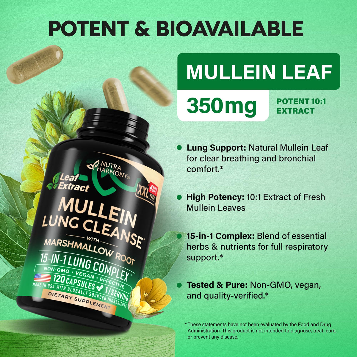 Mullein Lung Detox - Mullein Leaf Extract - Marshmallow Root | Echinacea | Oregano | Quercetin | NAC - 15-in-1 Lung Support & Cleanse for Smokers Supplement - Maple Wellness Supplements