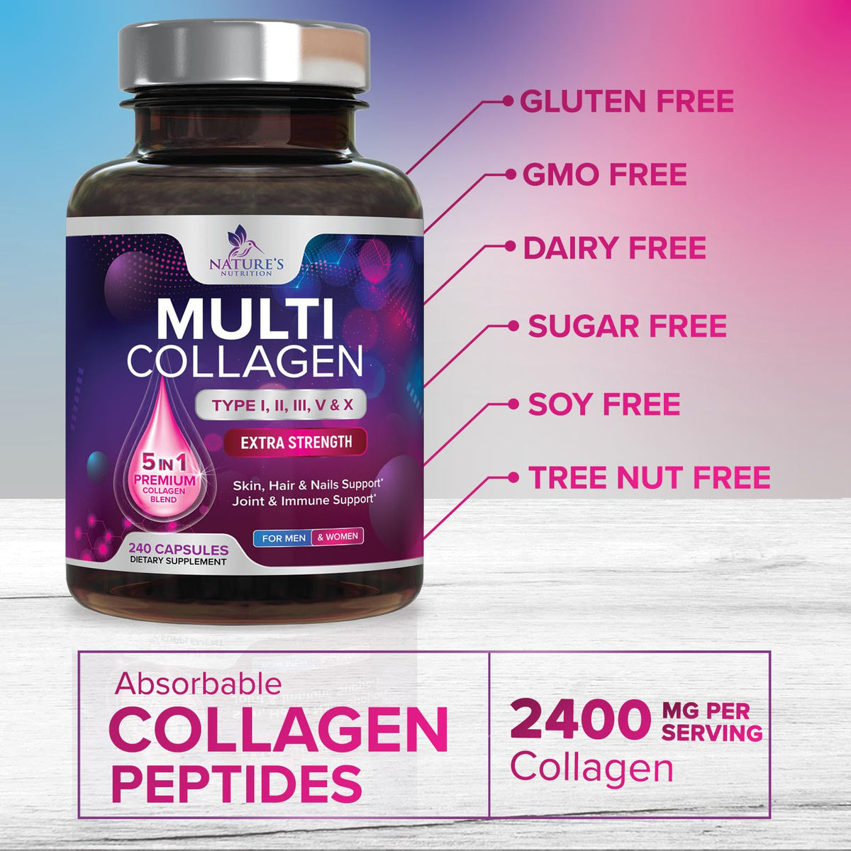 Multi Collagen Pills - Multi Collagen Complex 2400 mg Per Serving - Types I, II, III, V, X - Hydrolyzed Collagen Peptides Supplement - Hair, Skin & Nail Support - Maple Wellness Supplements