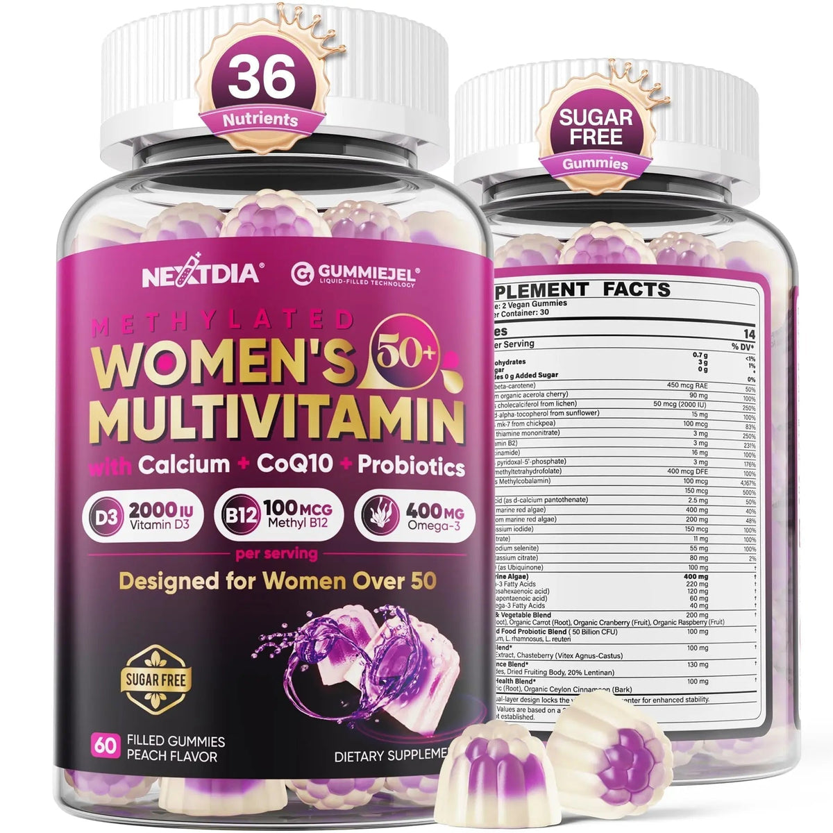 Multivitamin for Women 50 Plus Gummies, Vegan Omega 3, Methylfolate, Calcium, D3 K2, CoQ10, Daily Vitamin A C E, Methylated B12, Biotin, B Complex - Maple Wellness Supplements