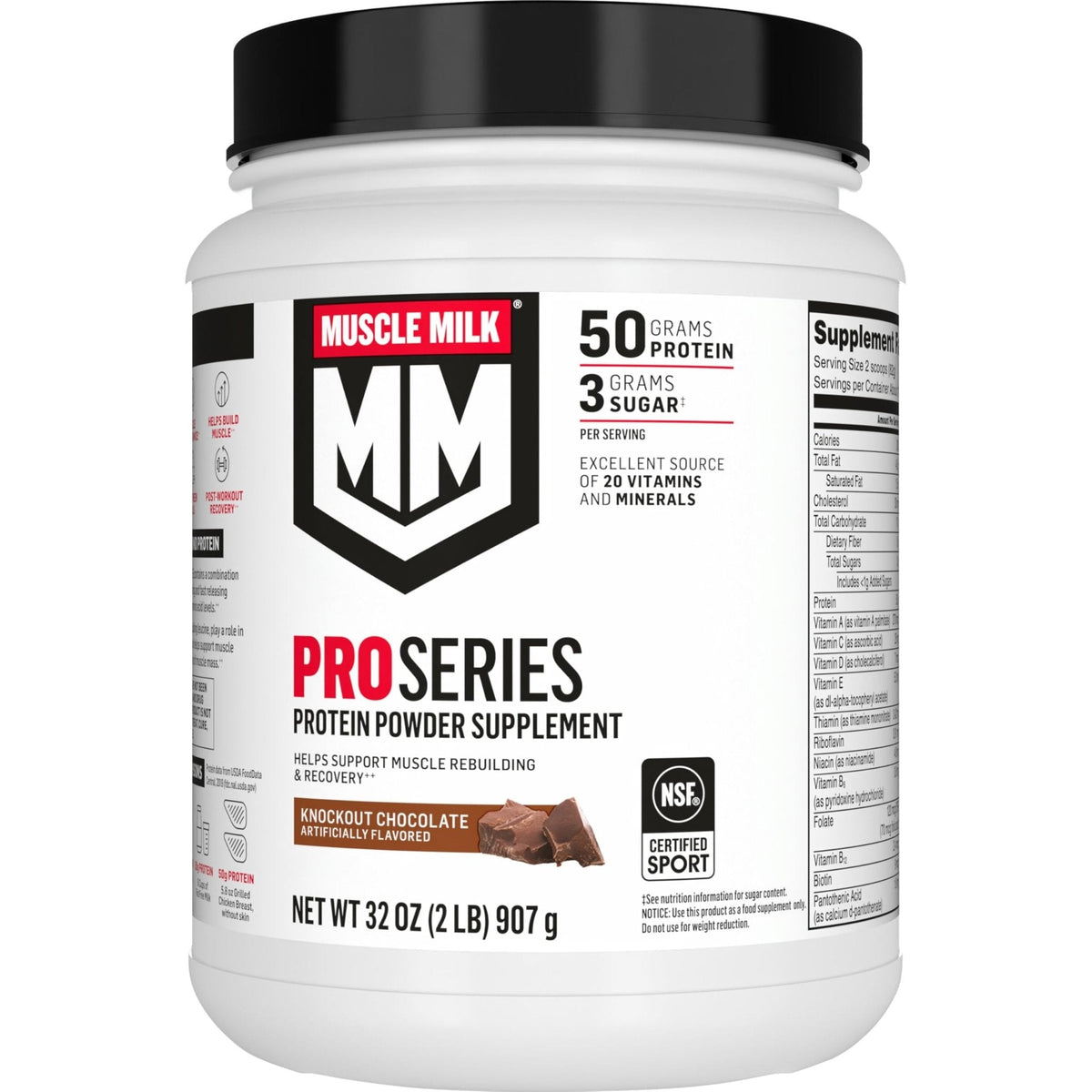 Muscle Milk Pro Series Protein Powder Supplement,Knockout Chocolate,2 Pound,11 Servings,50g Protein,3g Sugar,20 Vitamins & Minerals,NSF Certified for Sport,Workout Recovery,Packaging May Vary - Maple Wellness Supplements