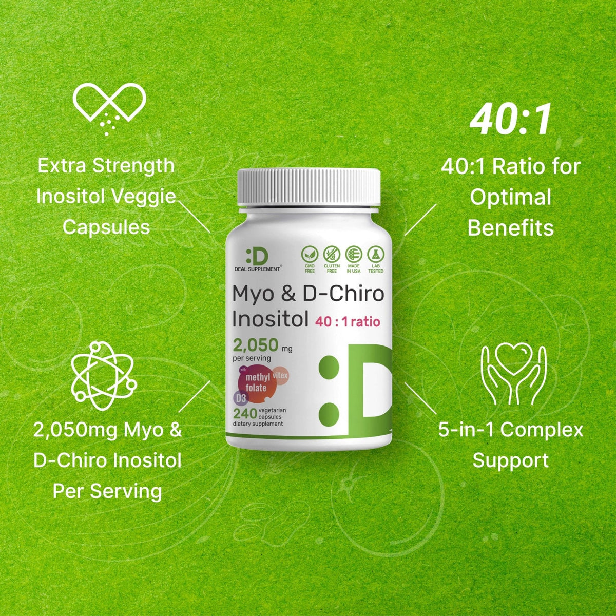 Myo-Inositol & D-Chiro Inositol Supplement (40:1) 2,050mg Per Serving, 240 Veggie Cap - Maple Wellness Supplements