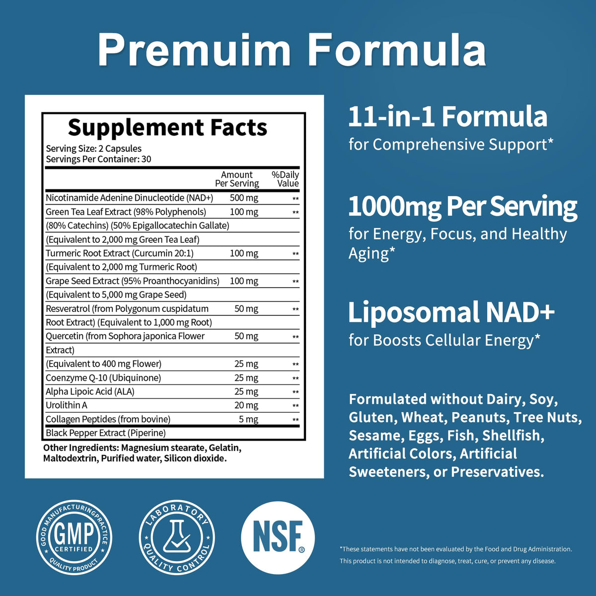 NAD Supplement 11-in-1 Extra Strength – Liposomal NAD with Resveratrol, CoQ10, Urolithin A, ALA & Turmeric – Supports Anti-Aging, Cellular Repair, Energy & Focus – for Women & Men – 60 Capsules - Maple Wellness Supplements