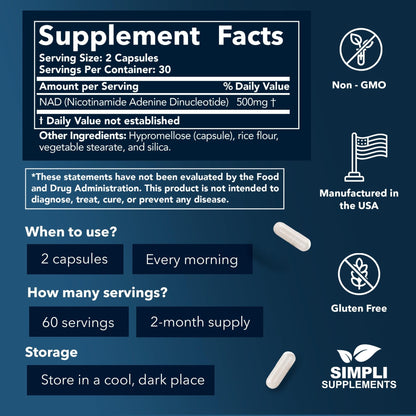NAD Supplement for Anti-Aging and Cell Regeneration | NAD Booster 500mg Per Serving | NMN Supplement Alternative | Similar to Nicotinamide Riboside | 120 Capsules (2 Month Supply) - Maple Wellness Supplements
