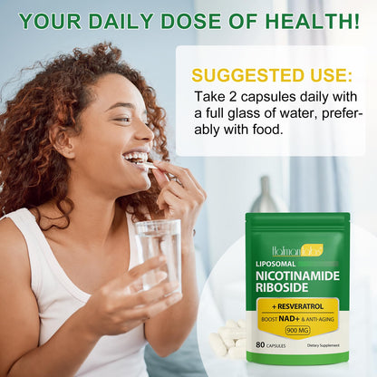 NAD Supplement - Liposomal Nicotinamide Riboside 900mg, Resveratrol, Quercetin - High Purity NAD Supplement for Energy, Support Cellular Health, Stamina & Healthy Aging - Ultra Strength 80 Capsules - Maple Wellness Supplements