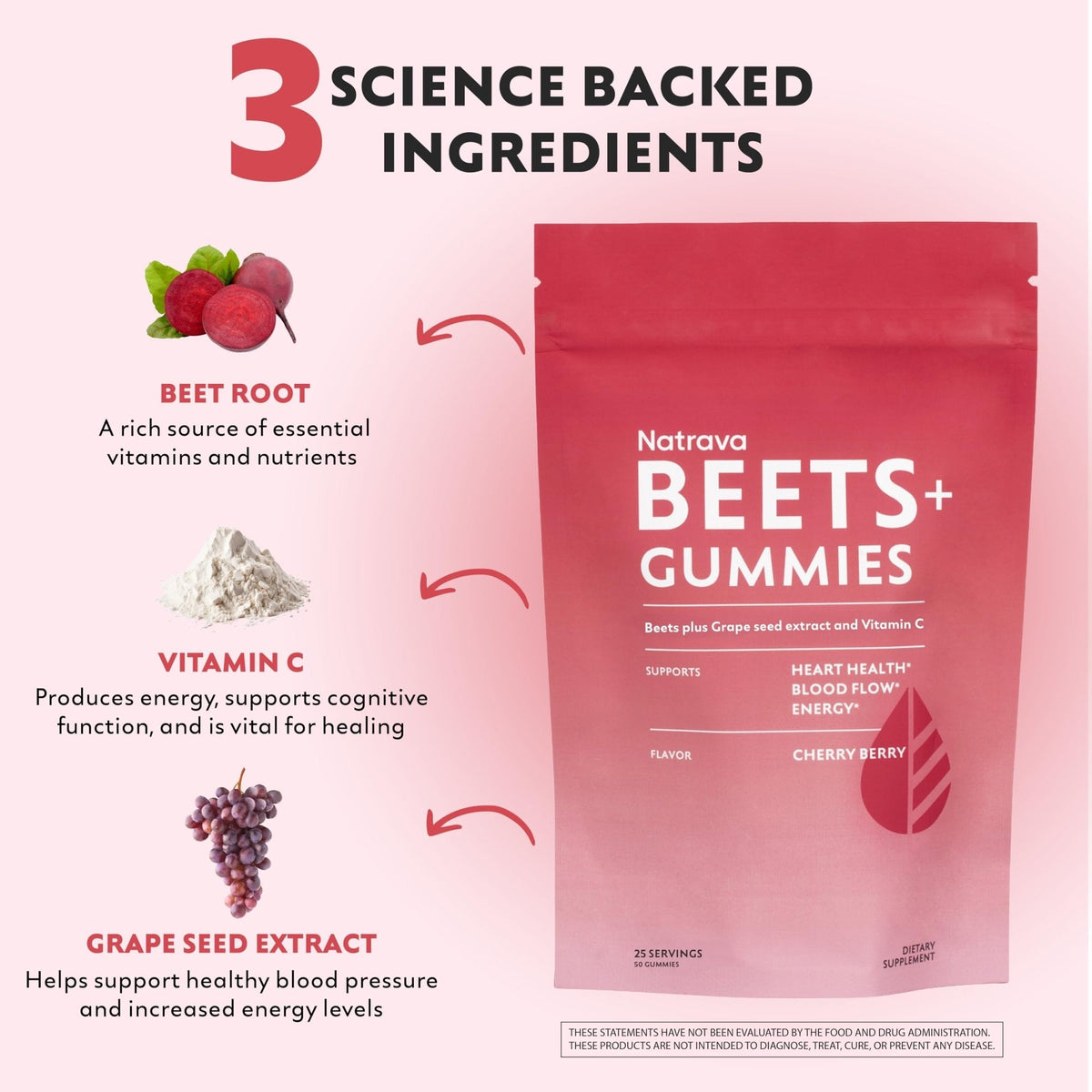 Natrava Beets+ Gummies - Premium Beet Root Powder, Grape Seed Extract and Vitamin C - Supports Healthy Blood Pressure and Heart Health - Low Sugar Nitric Oxide and Circulation Supplement - 50 Gummies - Maple Wellness Supplements