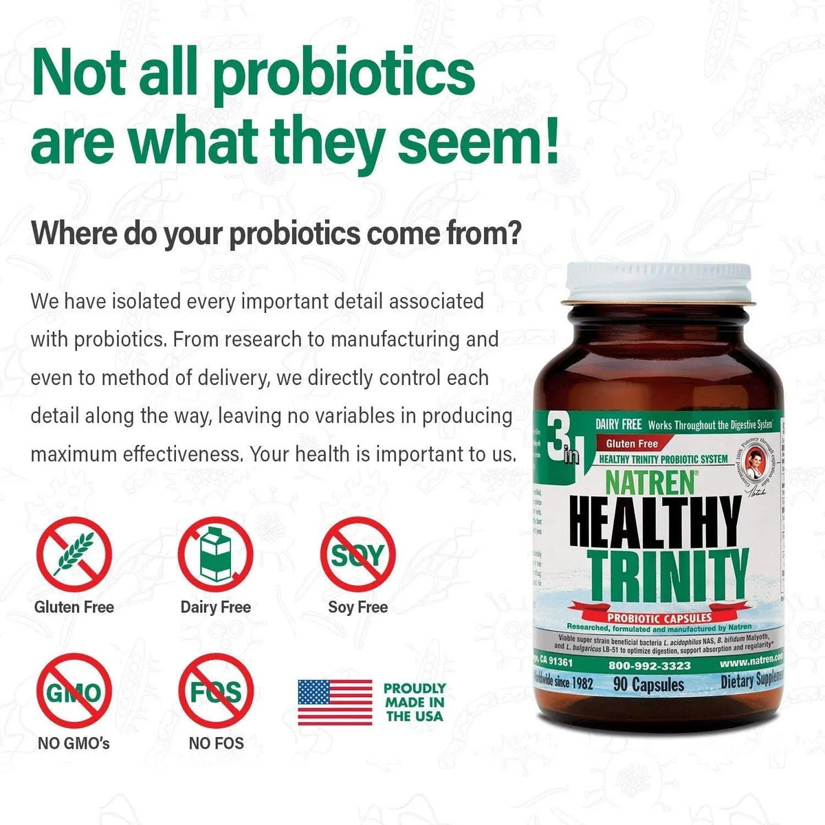 Natren Healthy Trinity Probiotics Supplement - 90 Dairy and Gluten Free Gel Capsules - Improve Gut and Digestive Health, 30 Billion CFU - Lactobacillus Acidophilus, Bifidobacterium, Bulgaricus - Maple Wellness Supplements