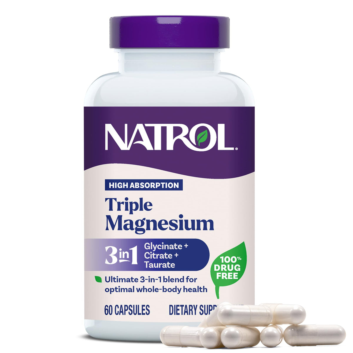 Natrol Triple Magnesium Complex Supplement, Glycinate, Citrate & Taurate 200mg High Absorption, Support Whole Body Wellness, 60 Capsules - Maple Wellness Supplements