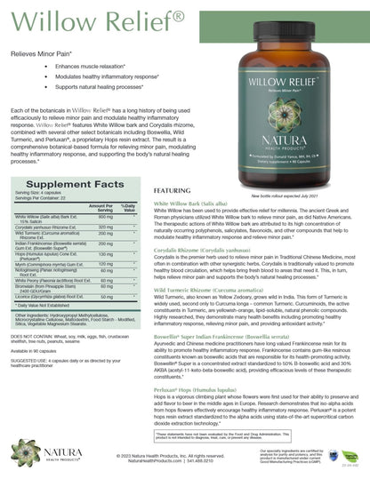 Natura Health Products Willow Relief Supplement - Enhances Muscle Relaxation - Featuring White Willow Bark, Turmeric, Boswellin Super Indian Frankincense, Corydalis Rhizome (90 Capsules) - Maple Wellness Supplements