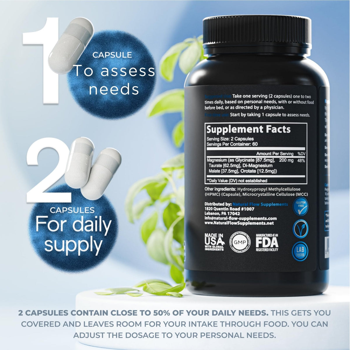 Natural Flow 4X Magnesium Supplement, Magnesium Glycinate, Taurate, Malate, Orotate Complex, Calm Sleep and Cramp Support Blend, No Mag Citrate or Oxide, 120 Capsules - Maple Wellness Supplements