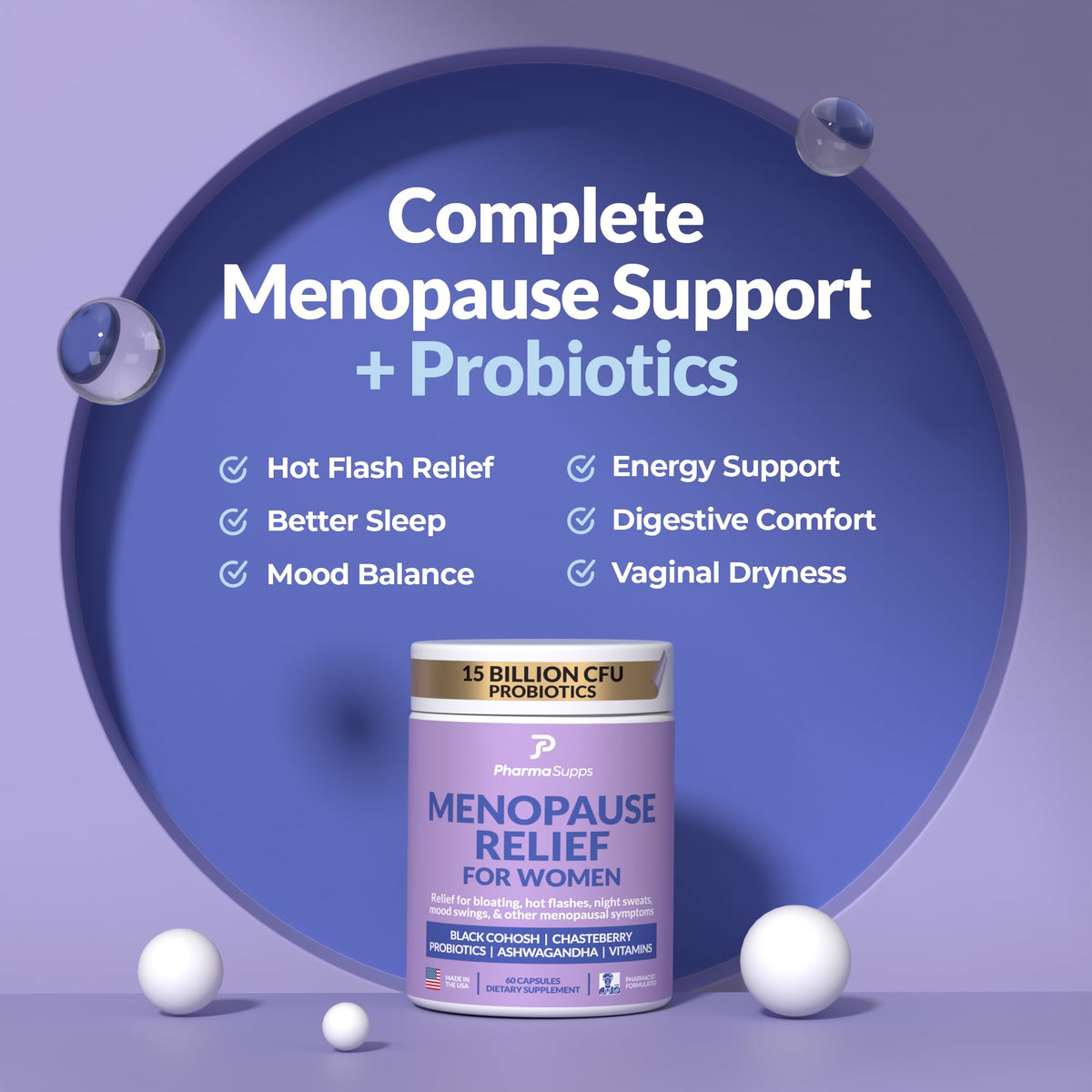 Natural Menopause Supplements for Women - Perimenopause Supplements for Hormonal Balance, Bloating & Mood Swings | Hot Flashes Menopause Relief w/Probiotics & Prebiotics, Black Cohosh & Chasteberry - Maple Wellness Supplements