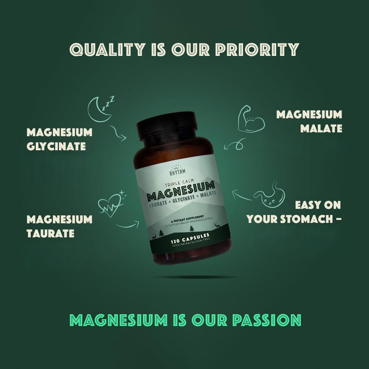 Natural Rhythm Triple Calm Magnesium Complex - 120 Capsules, Chelated Magnesium Glycinate, Taurate & Malate, High Absorption Supplement for Sleep, Stress, Muscle & Heart Support, Non-GMO, Vegan - Maple Wellness Supplements
