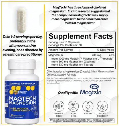 NATURAL STACKS Dopamine Brain Food + Magtech Magnesium Bundle - Chelated Magnesium Complex - Supports Brain Health & Mental Drive* - 150 Total Capsules - Maple Wellness Supplements