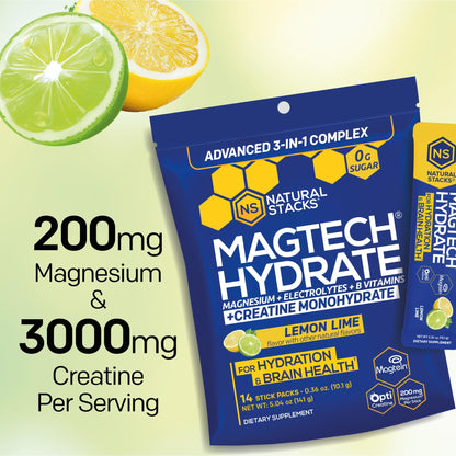 NATURAL STACKS Magtech Magnesium Hydrate + Creatine - Sugar Free Electrolyte Drink - Magtein Magnesium L-Threonate, Glycinate & Taurate - Supports Hydration & Cellular Energy - 14 Hydration Packets - Maple Wellness Supplements