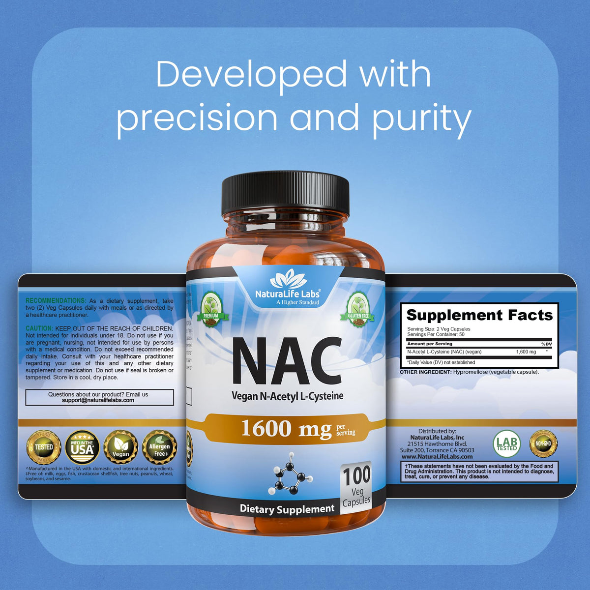 NaturaLife Labs N-Acetyl-L-Cysteine (NAC) 1600 mg – 100 Capsules - Vegan, Non-GMO & Gluten-Free - Maple Wellness Supplements