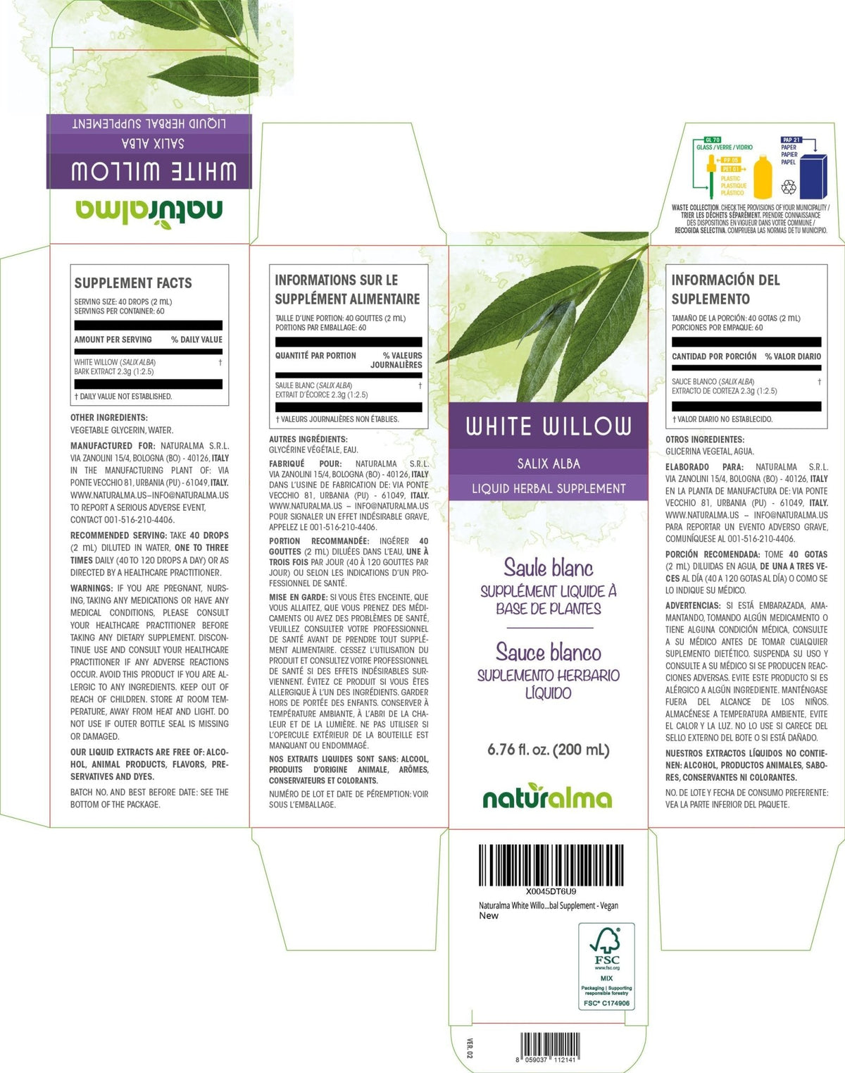 Naturalma White Willow (Salix alba) bark Alcohol-Free Tincture - 6.76 fl oz Liquid Extract in Drops - Herbal Supplement - Vegan - Maple Wellness Supplements