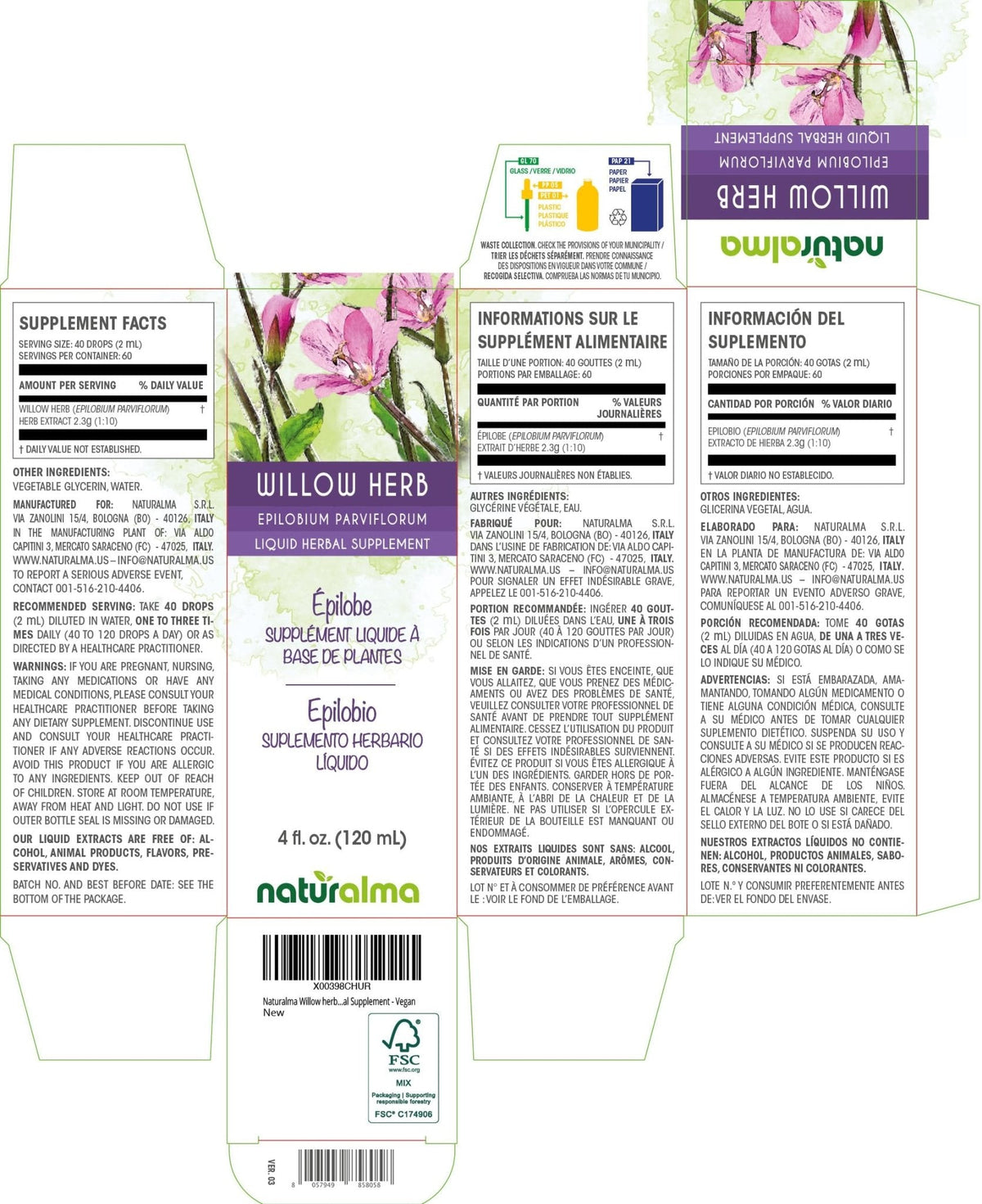 Naturalma Willow herb or Fireweed (Epilobium parviflorum) herb Alcohol-Free Tincture - 4 fl oz Liquid Extract in Drops - Herbal Supplement - Vegan - Maple Wellness Supplements