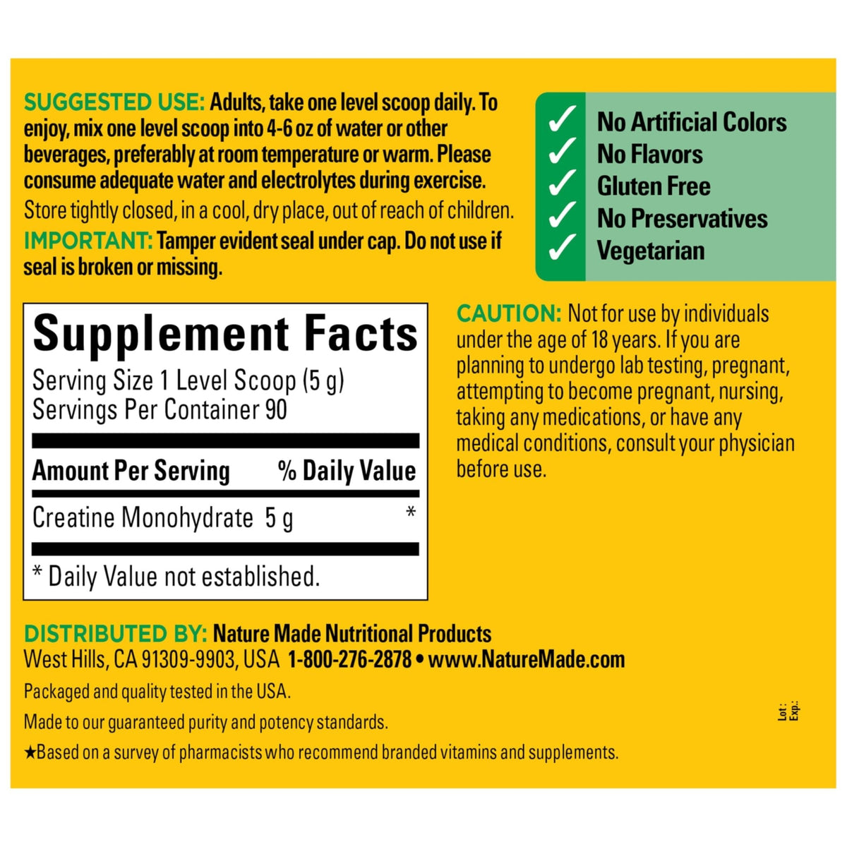Nature Made Micronized Creatine Monohydrate Powder 5 g per Serving, Unflavored Drink Mix Powder, Muscle Support, 450 g, 90 Day Supply - Maple Wellness Supplements