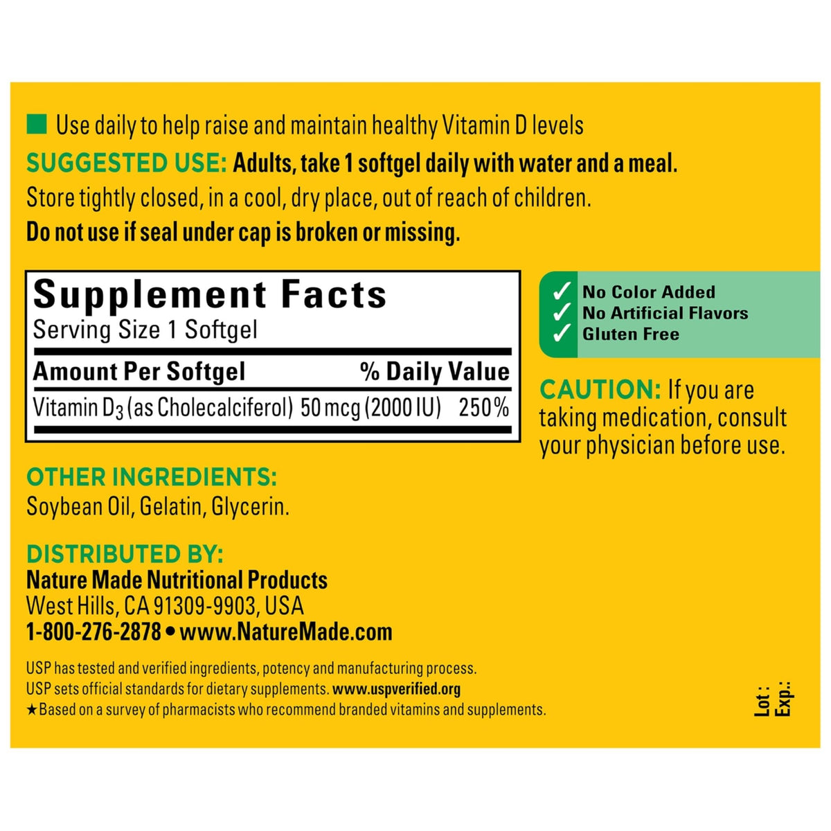 Nature Made Vitamin D3 2000 IU (50 mcg), Vitamin D Supplement for Bone, Teeth, Muscle and Immune Health Support, 250 Softgels, 250 Day Supply - Maple Wellness Supplements