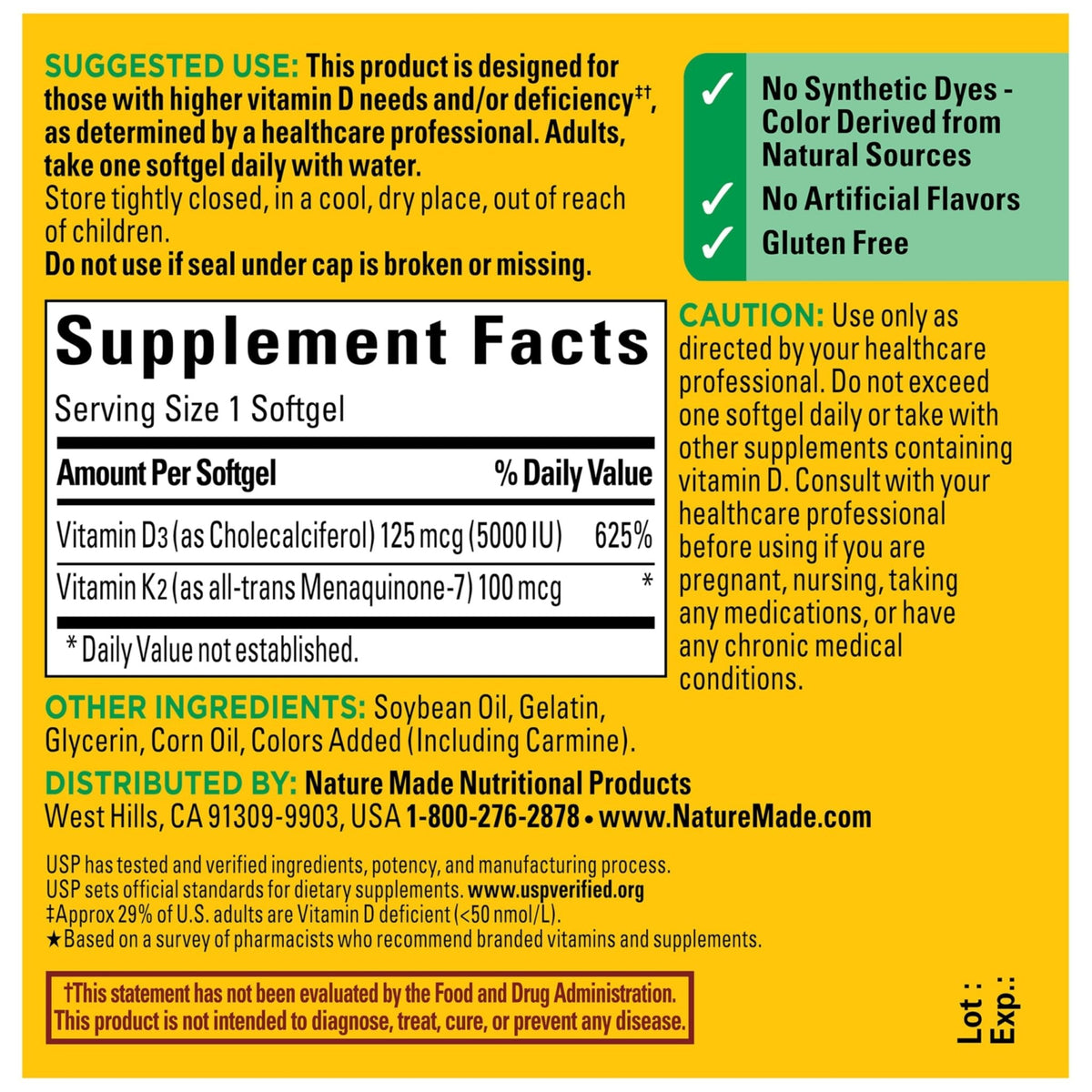 Nature Made Vitamin D3 K2 Supplement, 5000 IU (125 mcg) Vitamin D for Bone, Teeth, Muscle and Immune Support - Maple Wellness Supplements