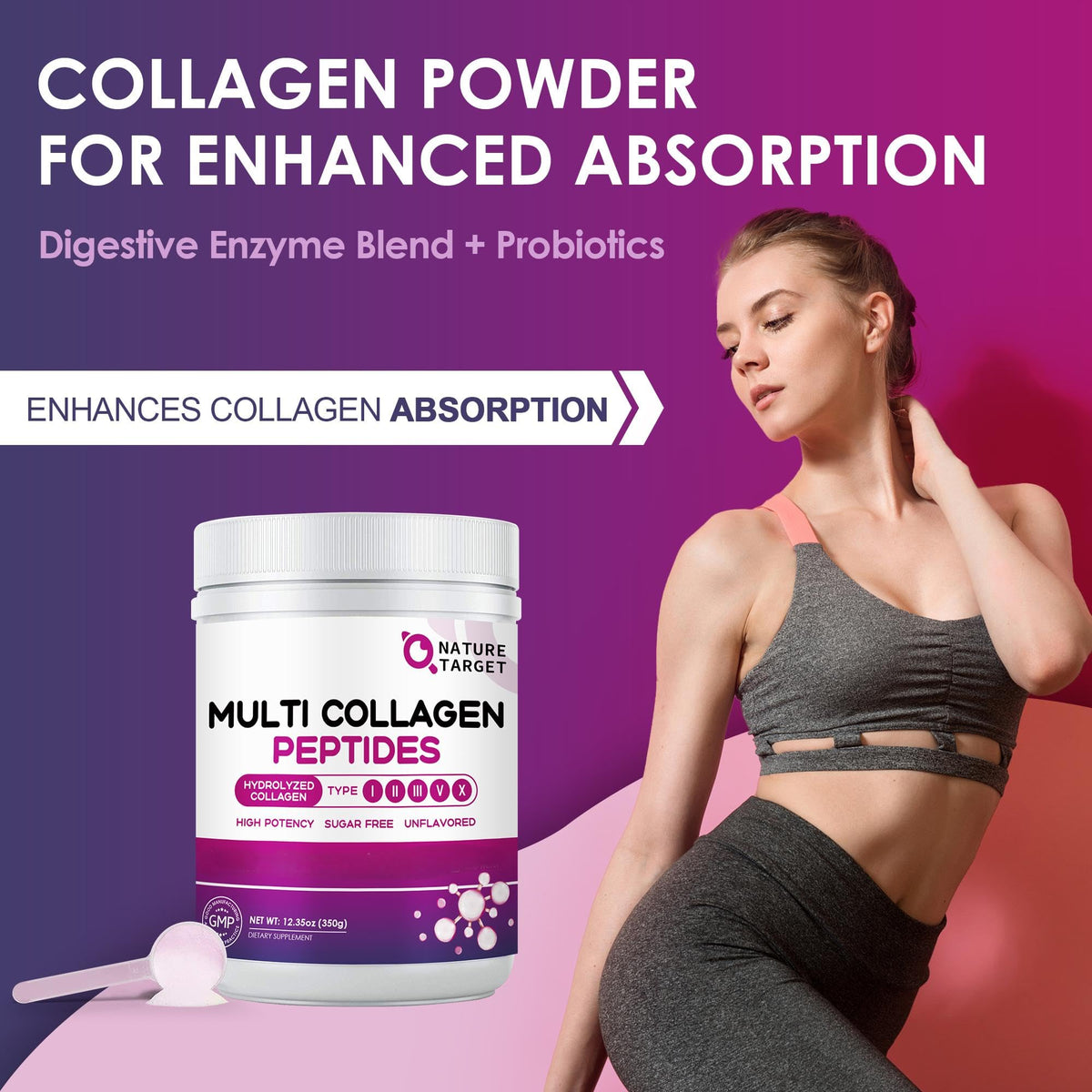 NATURE TARGET Multi Collagen Peptides Powder - Type I, II, III, V, X - Hydrolyzed Collagen Peptides with Vitamin C Hyaluronic Acid, Supports Skin Hair Nail & Joint, Grass-Fed, Non-GMO, 35 Servings - Maple Wellness Supplements