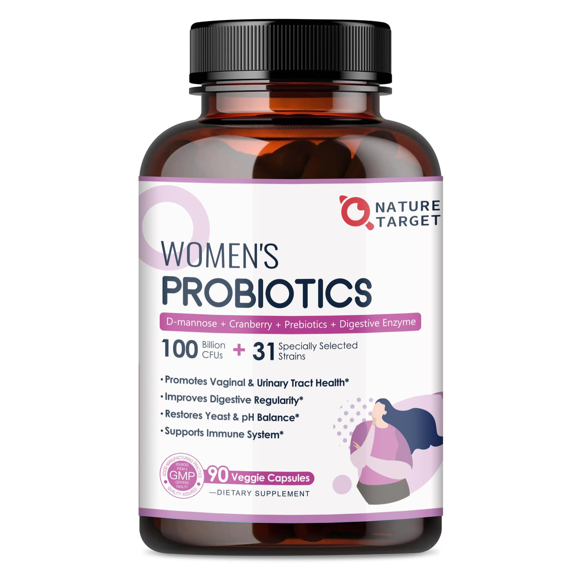 NATURE TARGET Probiotics for Women, 100 Billion CFUs Probiotic with Digestive Enzymes & Prebiotics, Vaginal Probiotics with Cranberry for Urinary Tract Health - Maple Wellness Supplements