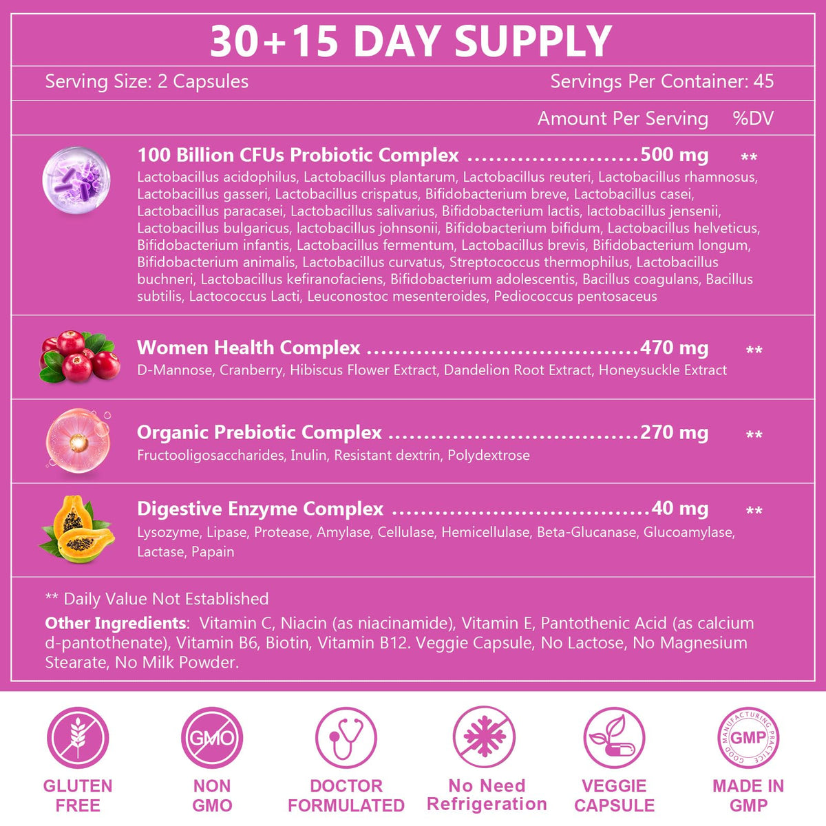 NATURE TARGET Probiotics for Women, 100 Billion CFUs Probiotic with Digestive Enzymes & Prebiotics, Vaginal Probiotics with Cranberry for Urinary Tract Health - Maple Wellness Supplements