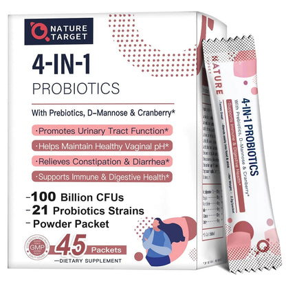NATURE TARGET Probiotics-for-Women Prebiotics-and-Probiotics-Powder, 100-Billion-CFUs 45-Day-Supply, Women's-Probiotic with D-Mannose and Cranberry for Urinary Tract/Gut/Digestive Health - Maple Wellness Supplements