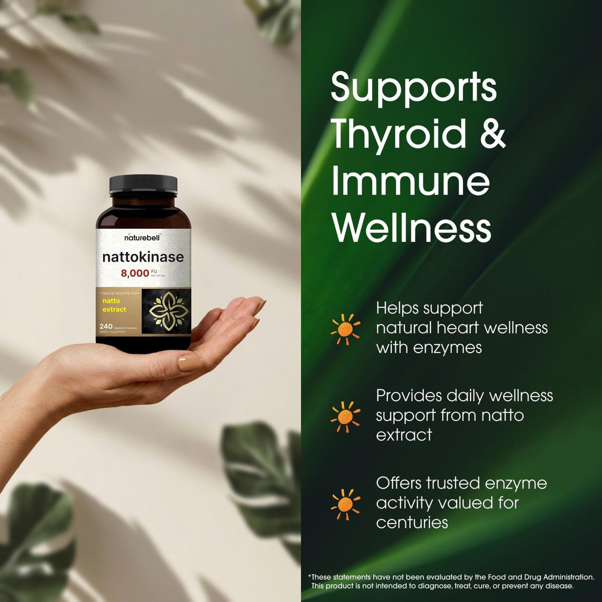 NatureBell Nattokinase - 240 Capsules - 8,000 FU Max Strength from Fermented Natto Extract - for Heart Health - Maple Wellness Supplements