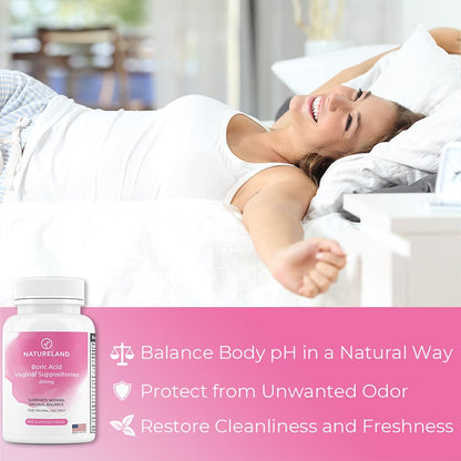 Natureland Boric Acid Suppositories for Women - 600mg, 40 Count - Made in USA - Feminine Care for pH Balance & Odor Control - Unscented Intimate Health Support - Maple Wellness Supplements