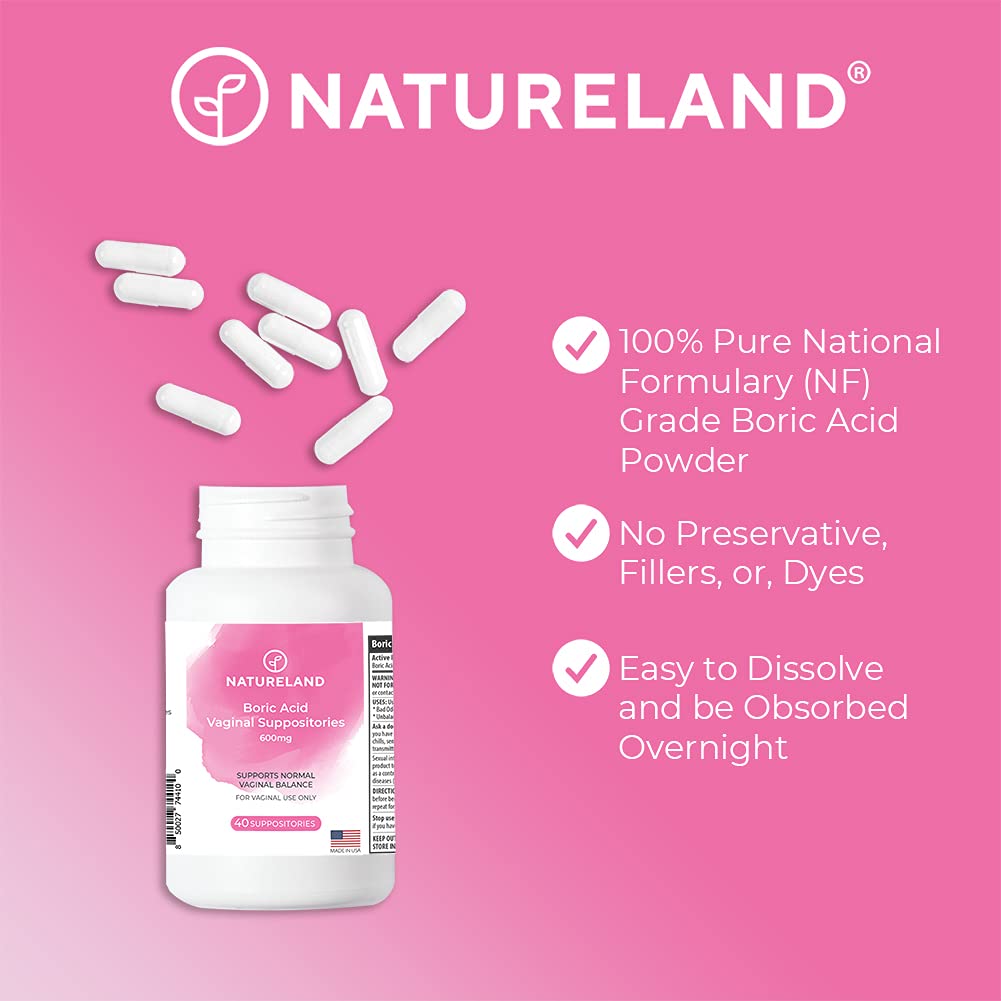 Natureland Boric Acid Suppositories for Women - 600mg, 40 Count - Made in USA - Feminine Care for pH Balance & Odor Control - Unscented Intimate Health Support - Maple Wellness Supplements