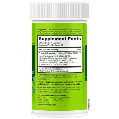 NATURELO Probiotics for Digestive Health, 50 Billion CFU, 60 Vegetarian Capsules, 11 Strains, Daily Use Supplement, Delayed Release, No-Fridge, Boosts Immune System, Probiotics for Women & Men - Maple Wellness Supplements
