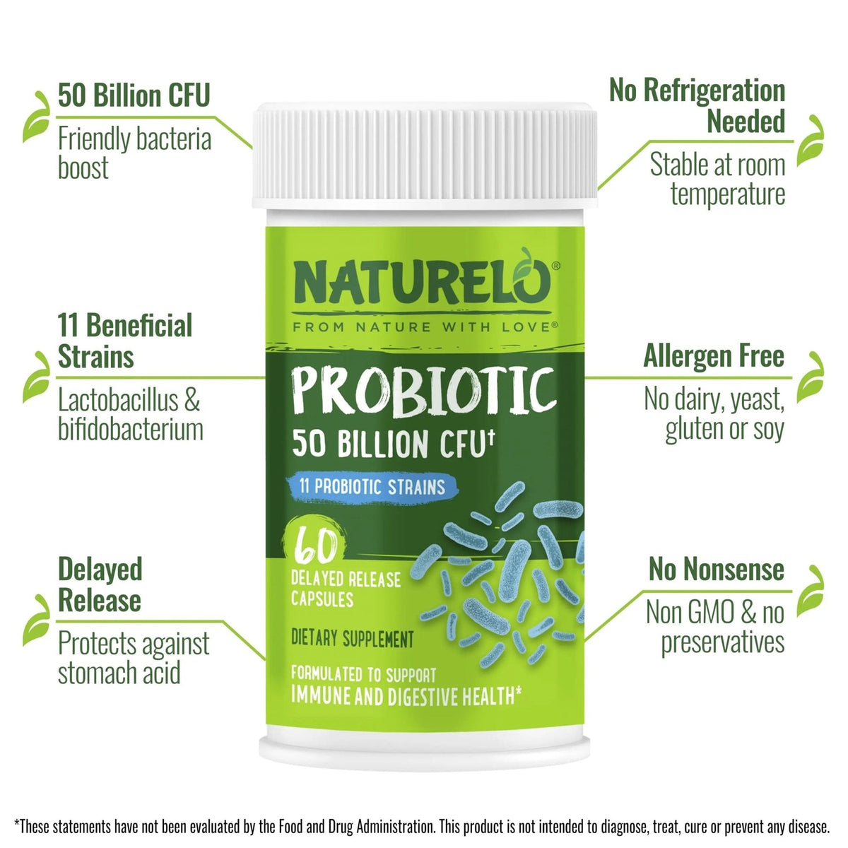 NATURELO Probiotics for Digestive Health, 50 Billion CFU, 60 Vegetarian Capsules, 11 Strains, Daily Use Supplement, Delayed Release, No-Fridge, Boosts Immune System, Probiotics for Women & Men - Maple Wellness Supplements