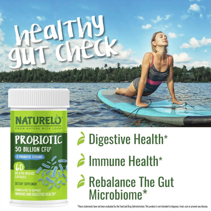 NATURELO Probiotics for Digestive Health, 50 Billion CFU, 60 Vegetarian Capsules, 11 Strains, Daily Use Supplement, Delayed Release, No-Fridge, Boosts Immune System, Probiotics for Women & Men - Maple Wellness Supplements