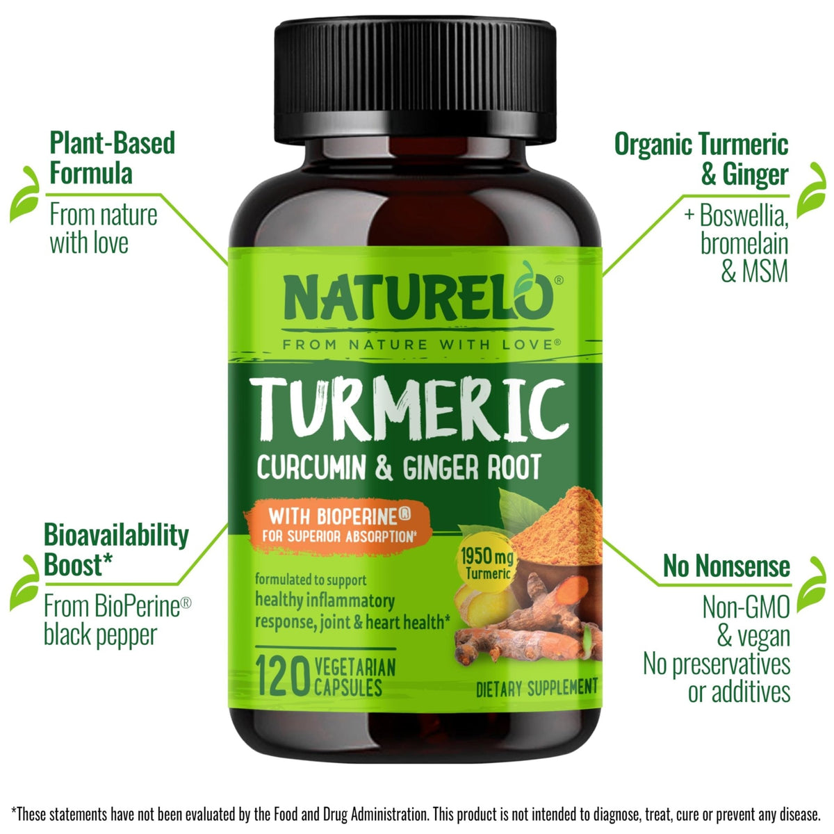 NATURELO Turmeric Curcumin - BioPerine for Better Absorption - Black Pepper, Ginger Root, Curcuminoids - Plant-Based Joint Discomfort Support - Maple Wellness Supplements