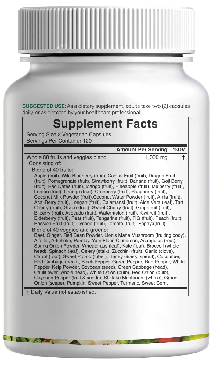 Nature’s Fruits & Veggies Supplement, 240 Veggie Capsules – 80 Whole Food Superfoods for Daily Balance – 40 Fruits with 40 Vegetables and Greens – Non-GMO, Gluten Free - Maple Wellness Supplements
