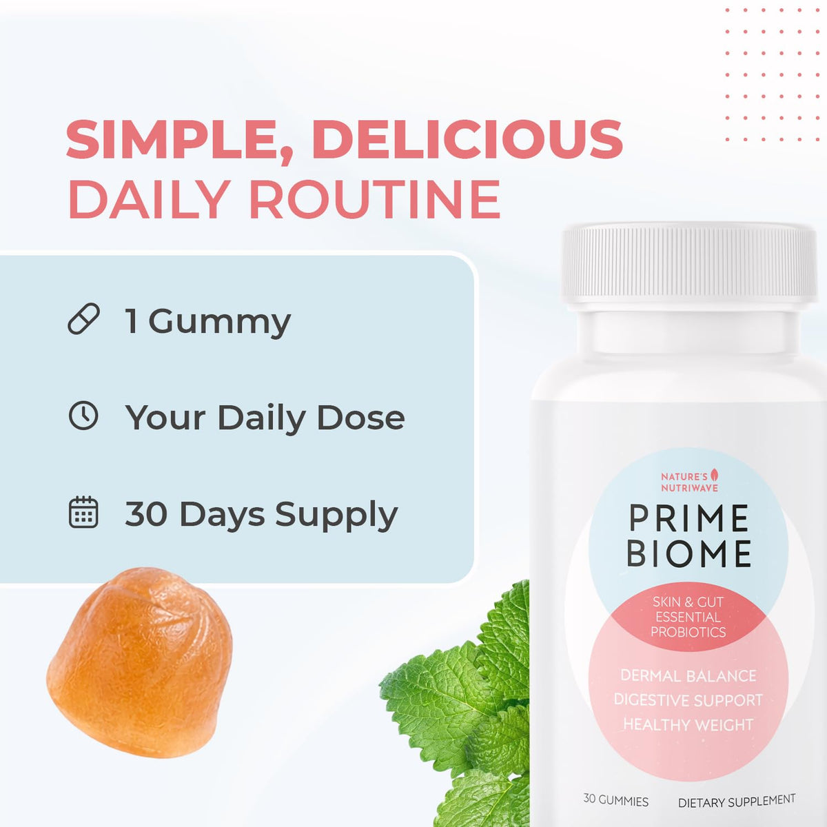 Nature’s NutriWave PrimeBiome Probiotic Gummies – Plant-Based Blend with Inulin, Lion’s Mane, Ginger & More– Non-GMO, No Stimulants, GMP Certified – 30 Gummies, 3 Month Supply - Maple Wellness Supplements