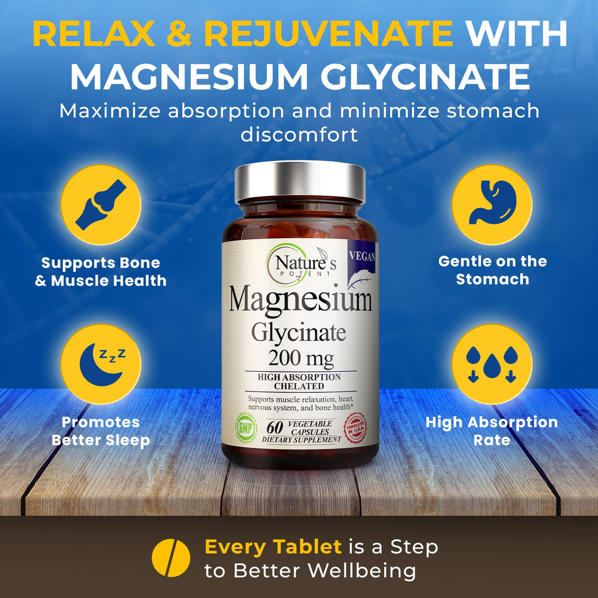 Nature’s Potent Magnesium Glycinate 200mg | High Absorption Chelated Magnesium | Sleep, Calm & Muscle Cramp Support | Vegan Supplement | 60 Capsules - Maple Wellness Supplements