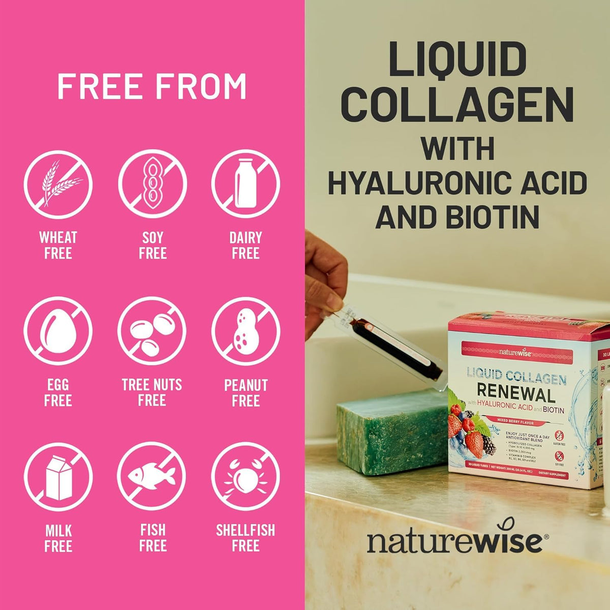 NatureWise Hydrolyzed Liquid Collagen for Women & Men 4000mg - High Absorption, Type 1 & 3 Peptides with Biotin + Vitamin C + Vitamin B Complex & Hyaluronic Acid - Maple Wellness Supplements