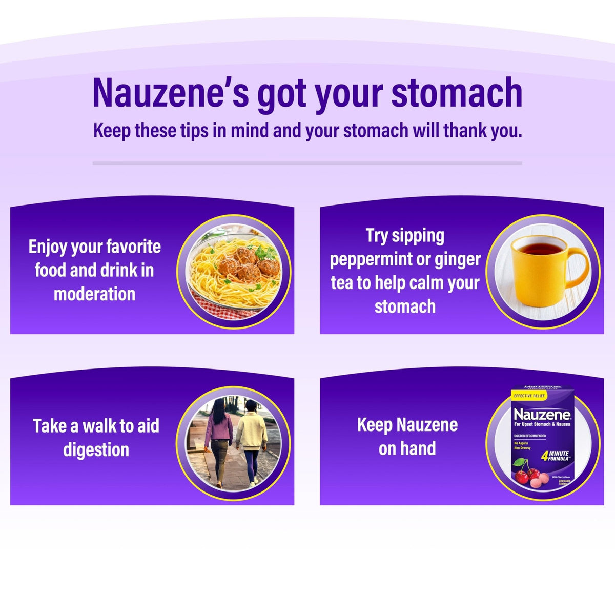 Nauzene Non-Drowsy Upset Stomach & Nausea Relief Chewable Tablets | 4-Minute Formula | Doctor Recommended | Wild Cherry Flavor | 56 Count - Maple Wellness Supplements