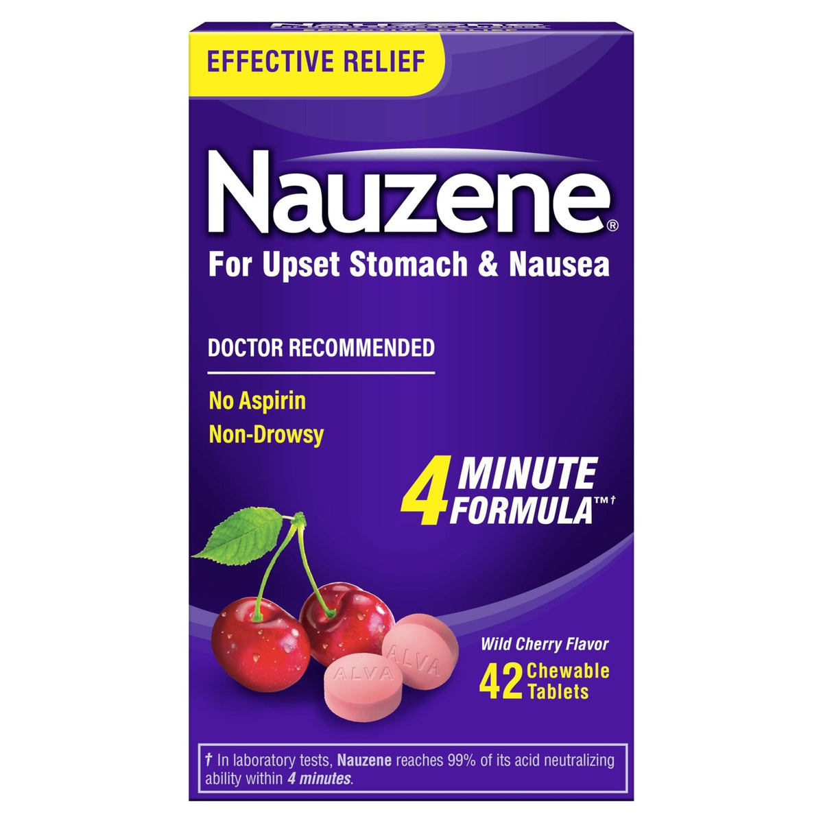 Nauzene Non-drowsy Upset Stomach & Nausea Relief Chewable Tablets - Fast-Acting Relief in 4 Minutes - Doctor Recommended - Wild Cherry Flavor, 42 ct - Maple Wellness Supplements