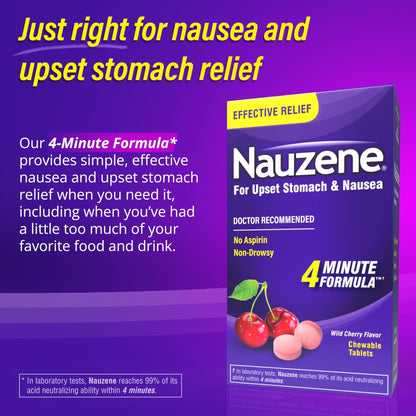 Nauzene Non-drowsy Upset Stomach & Nausea Relief Chewable Tablets - Fast-Acting Relief in 4 Minutes - Doctor Recommended - Wild Cherry Flavor, 42 ct - Maple Wellness Supplements