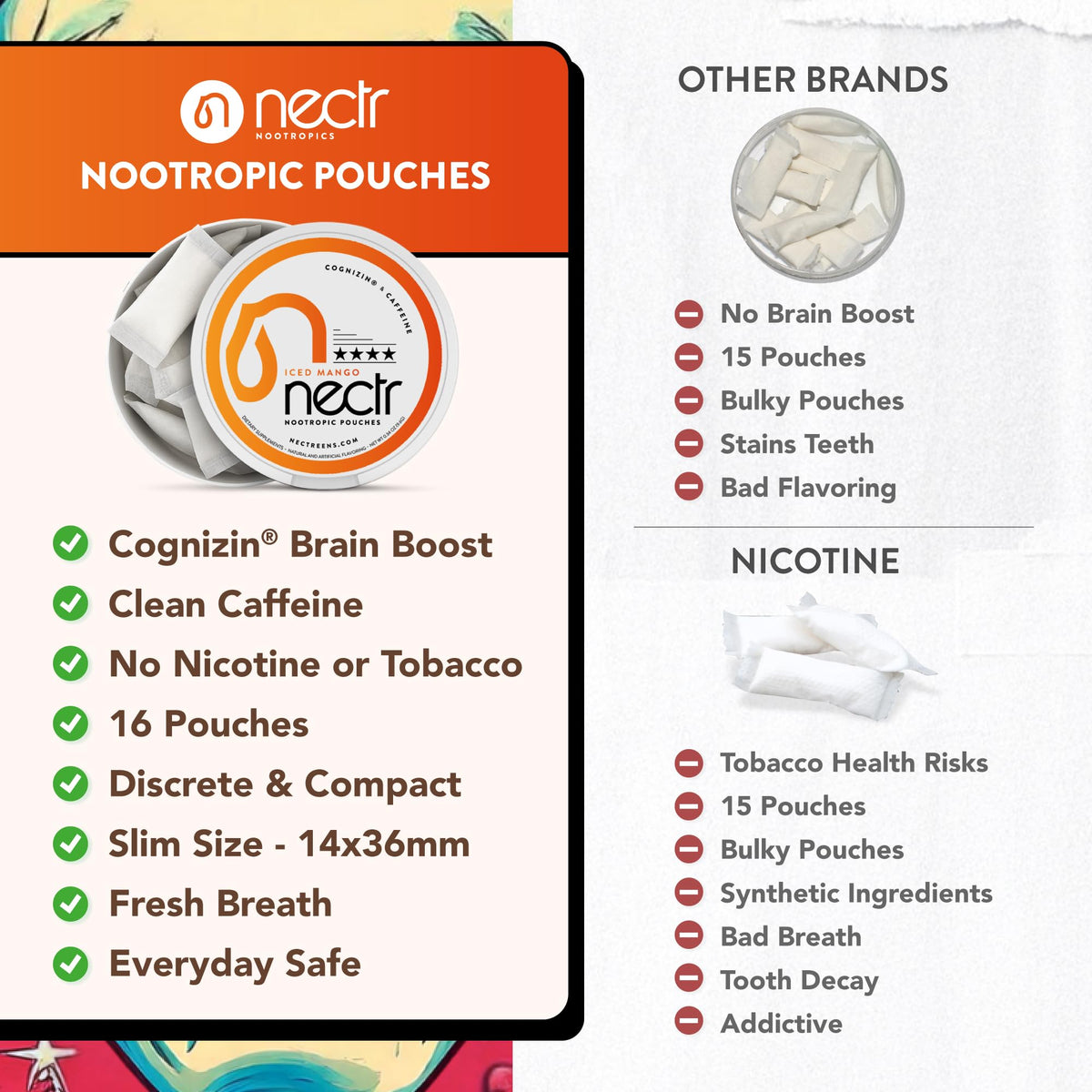 Nectr Energy Nootropic Pouches – Berry Blast Flavored, Caffeine Pouches with Cognizin® Citicoline. Sugar-Free Brain Treats. Smooth, Sustained Focus & Energy Supplement - 1 Puck of 16pcs - Maple Wellness Supplements