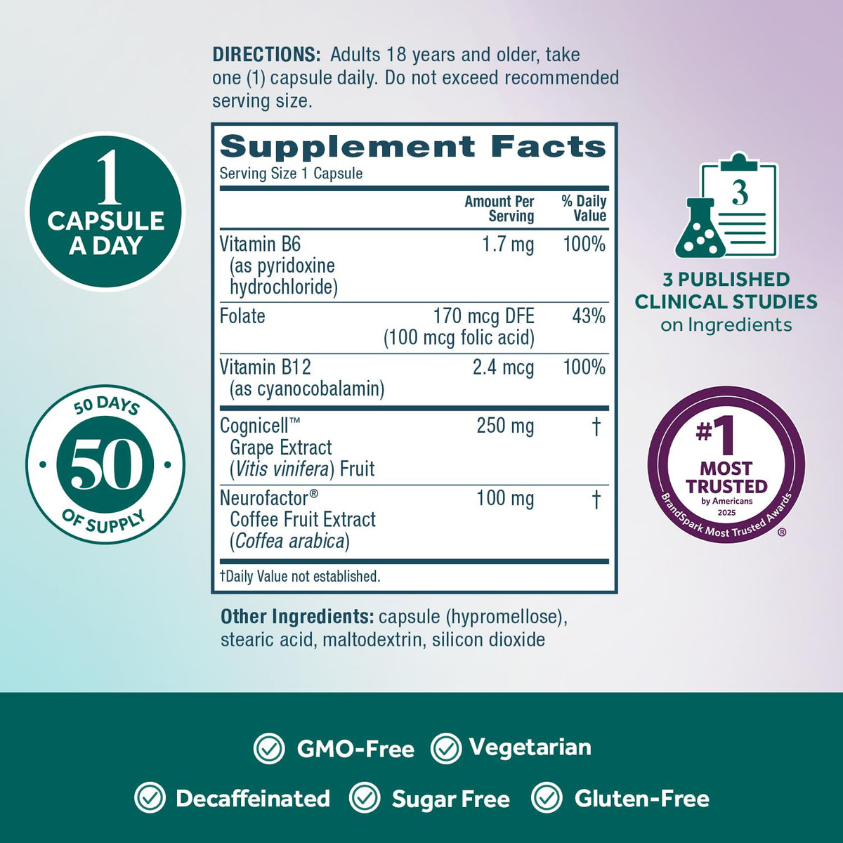 NEURIVA Memory 3D Brain Supplement - Decaffeinated Nootropic Capsules for Memory, Focus, & Cognitive Function - Short Term, Long Term, & Working Memory Support - 50ct - Maple Wellness Supplements